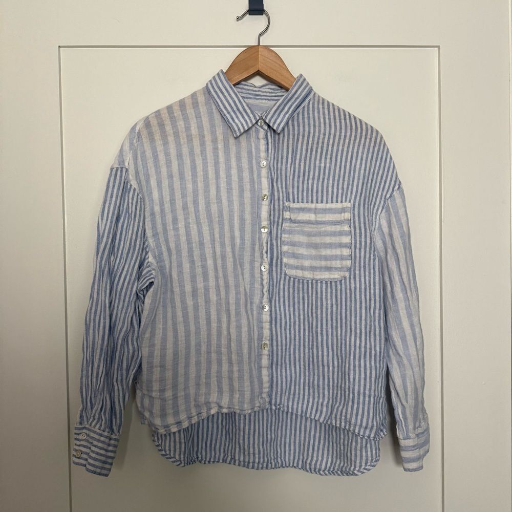 Nicole Miller 100% Linen Shirt Women L Blue White Striped Button Up Long Sleeve